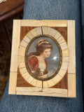 Portrait Miniature Of Woman With Dog In Bone Inlaid Frame