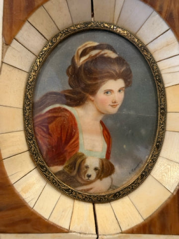 Portrait Miniature Of Woman With Dog In Bone Inlaid Frame
