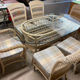 White Wicker Dining Set with Glass Top Table & Six Chairs