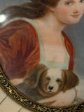 Portrait Miniature Of Woman With Dog In Bone Inlaid Frame