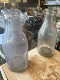 8 Vintage Glass Milk Bottles in Metal Carrier