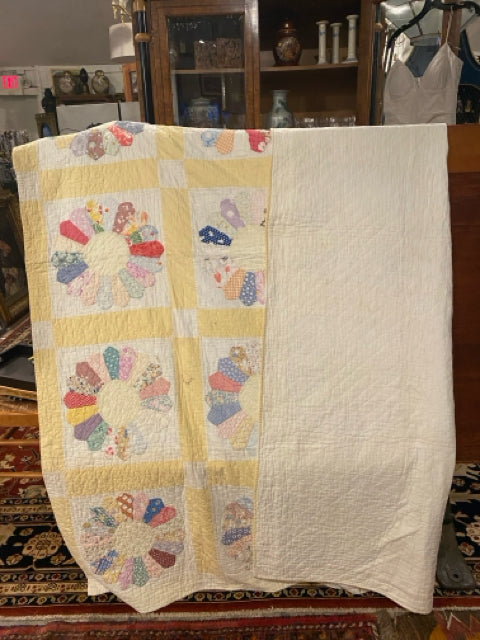 Yellow vintage quilt with flower pattern 67