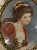 Portrait Miniature Of Woman With Dog In Bone Inlaid Frame