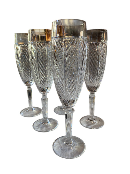 Set of 5 Ralph Lauren Herringbone Crystal Champagne Flutes