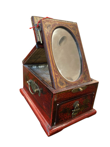 Red Wooden Chinese lacquer travel box with mirror