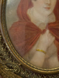 Handpainted Portrait Miniature Of Woman In Red Cape