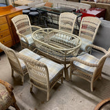 White Wicker Dining Set with Glass Top Table & Six Chairs