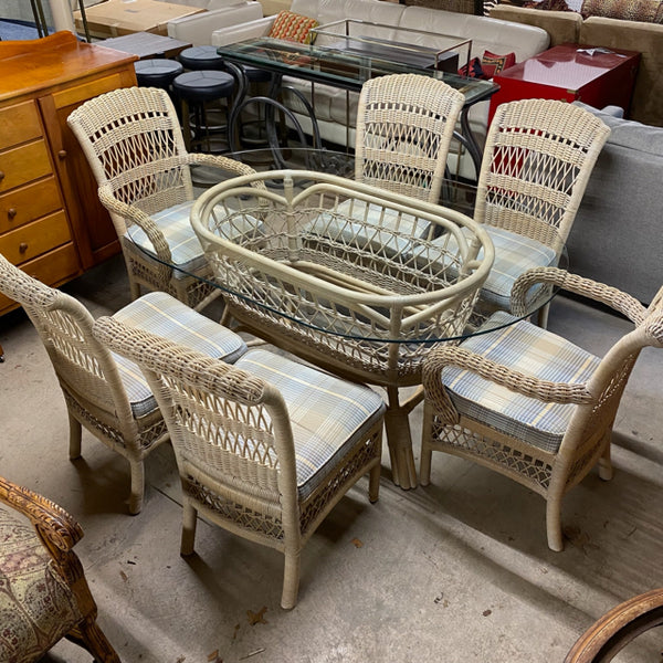 White Wicker Dining Set with Glass Top Table & Six Chairs
