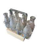 8 Vintage Glass Milk Bottles in Metal Carrier