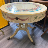 Round hand painted drum table with pedestal base