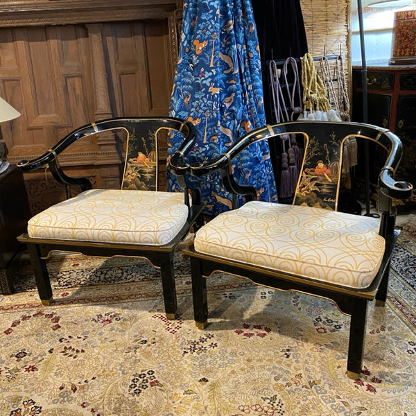 pair of black lacquer low chairs