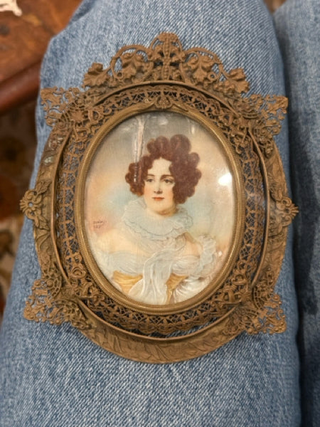Handpainted Portrait Miniature Of Woman In Lace Collar