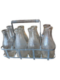 8 Vintage Glass Milk Bottles in Metal Carrier