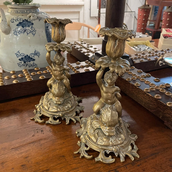 Dolphin and Putti Bronze Candlesticks