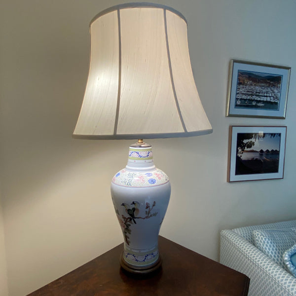 White Porcelain Painted Lamp with Silk Shade