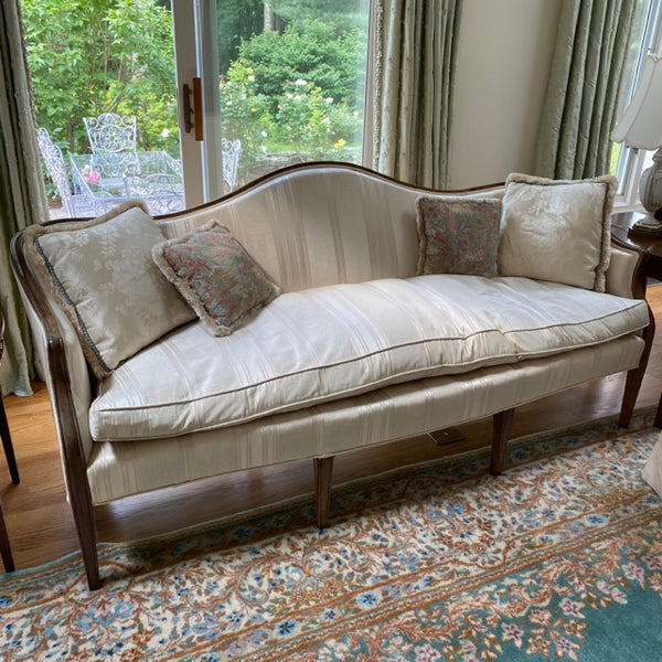 Ivory striped camel back sofa with down cushion