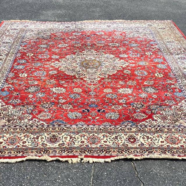 Large Wool Rug - Red & Beige Tones with Centered Medallion, Sold As Is