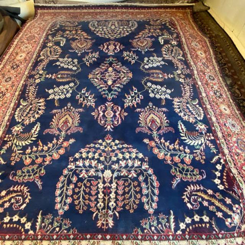Navy Floral Garland Persian Rug with Pink Border 8'8" x 11'10"