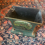 tole CACHE POT with peacock motif as is