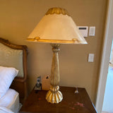 Pair of Gilt Fluted Wood Column Lamps with Detailed Silk Shades