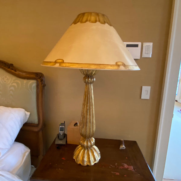 Pair of Gilt Fluted Wood Column Lamps with Detailed Silk Shades
