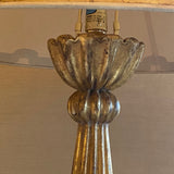 Pair of Gilt Fluted Wood Column Lamps with Detailed Silk Shades