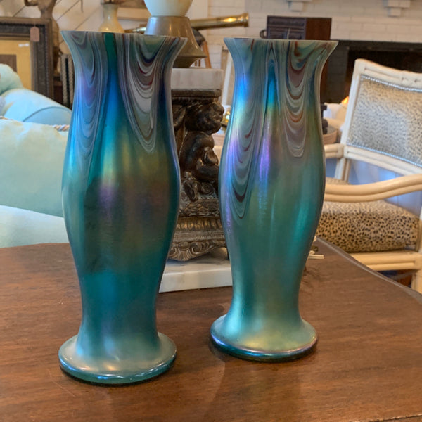 Pair of Green Favrile Glass Vases