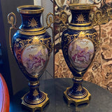 Pair of Cobalt Blue Sevres Urns with Tops and Metal Mounts