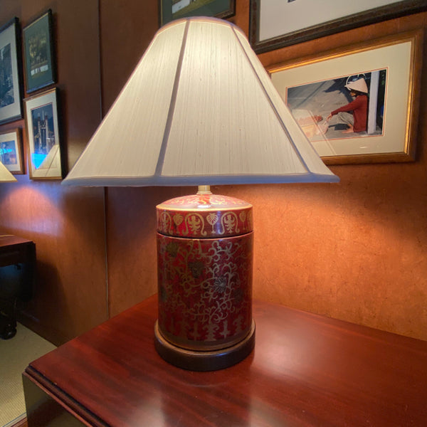 Red & Gold Porcelain Lamp with Ivory Silk Shade