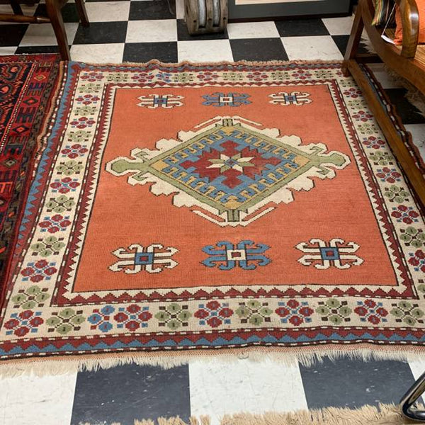 Coral Turkish Kazak Carpet with Central Diamond, 5'4" sq