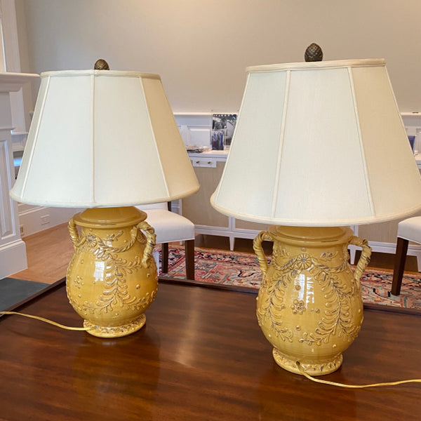 Pair of Mustard Pottery Urn Lamps