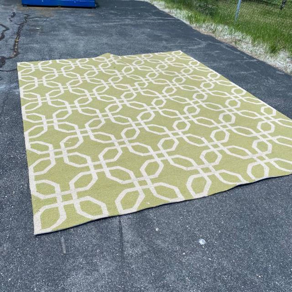 Chartreuse and Cream Geometric Pattern Knotted Rug 8' x 10'