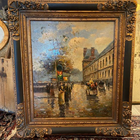Oil painting of European Street Scene in Gold and Black Frame