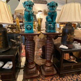 Pair of Carved Wood Spiral Pedestals with Carved Heads on Apron