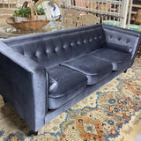 Blue gray velvet tuffed couch