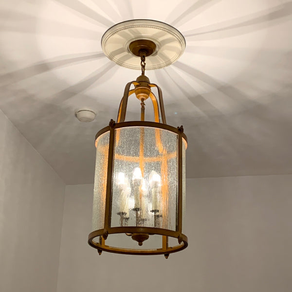 Bronze Style Hanging Pendant Lantern, Water Glass Panes with 6 Lights