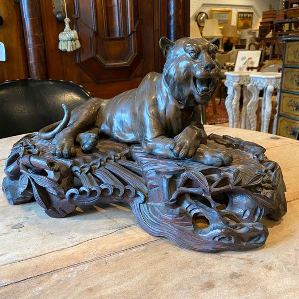 signed bronze tiger on amazing carved base