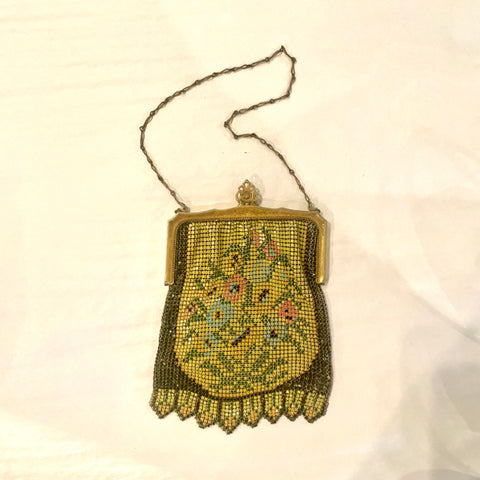 vintage metal mesh purse with floral motif