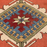 Coral Turkish Kazak Carpet with Central Diamond, 5'4" sq