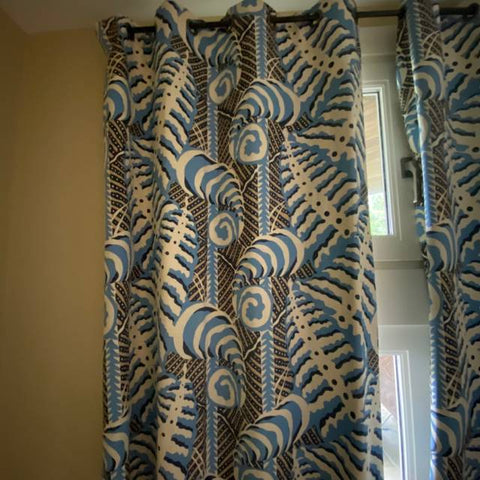 single Navy Blue, Cornflower Blue, Beige, & White Shell Motif Curtains