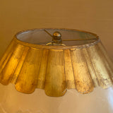 Pair of Gilt Fluted Wood Column Lamps with Detailed Silk Shades