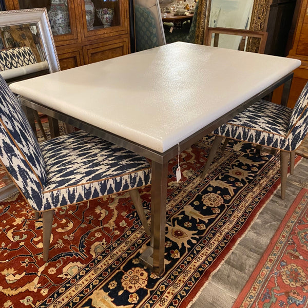 White Painted Grasscloth Top Dining Table on Chrome Legs