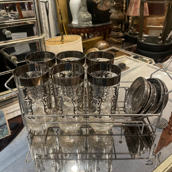 Kimiko Silver Highball Glasses in Chrome Caddy - Kimiko Knight Set - 6 glasses w