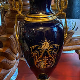Pair of Cobalt Blue Sevres Urns with Tops and Metal Mounts