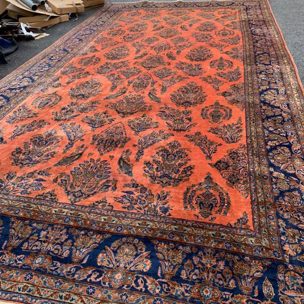Coral & Royal Blue Persian Sarouk Rug 10'7" x 20'4"