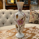 VASE white opaline hand painted pink flowers 10"ht