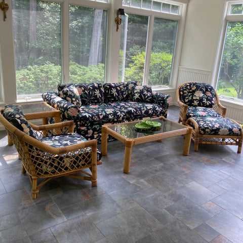 Gorgeous 6 piece rattan set with black floral upholstery