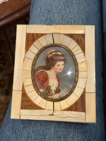Portrait Miniature Of Woman With Dog In Bone Inlaid Frame