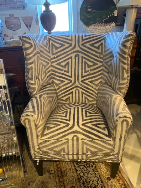 Mitchell Gold gray and white wing back chair