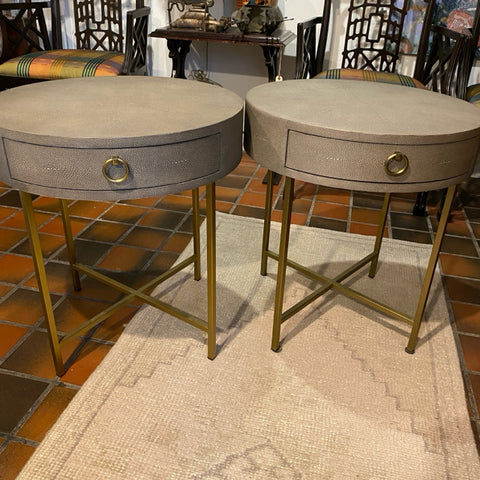 Pair of Restoration Hardware shagreen end tables with brass finish
